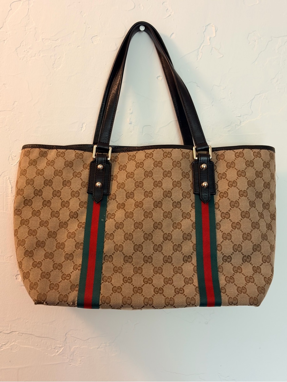 Gucci Beige GG Canvas Tote with Green-Red Stripe and Black Handles